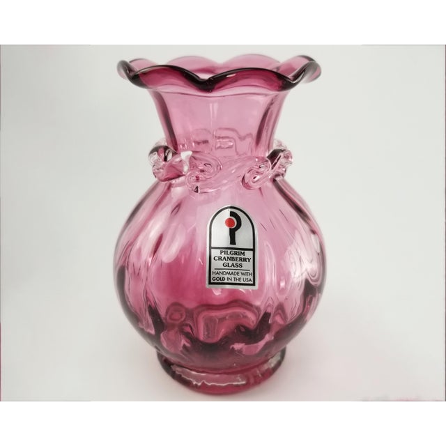 Vintage Pilgrim Cranberry Glass Vase - Optic Swirl Cranberry Rigaree