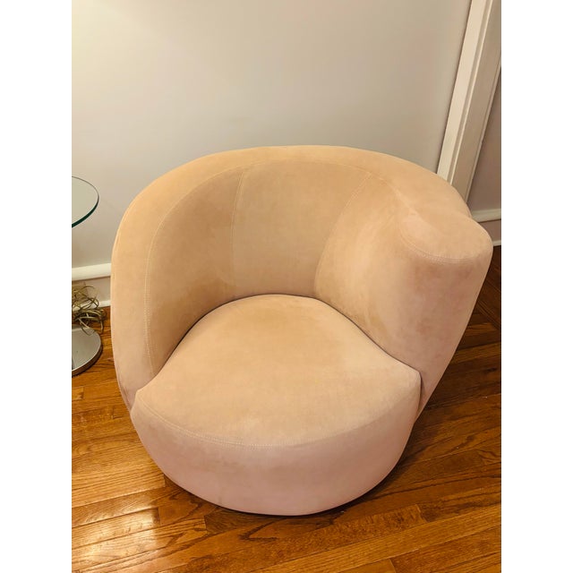 Pair of Vladimir Kagan Swivel Chairs With Crescent Ottoman in Blush Microsuede For Sale - Image 6 of 8