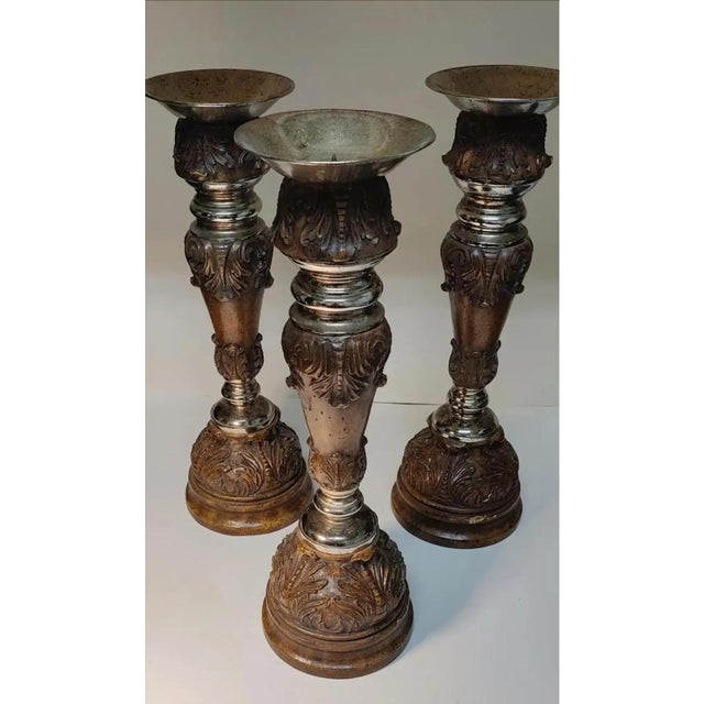 Late 20th Century Late 20th Century Ornate Maitland-Smith Hand-Carved Candle Holders ~ Set of 3 For Sale - Image 5 of 10