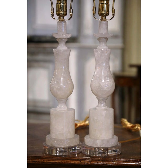 2010s Pair of Carved Rock Crystal Table Lamps on Acrylic Bases For Sale - Image 5 of 9