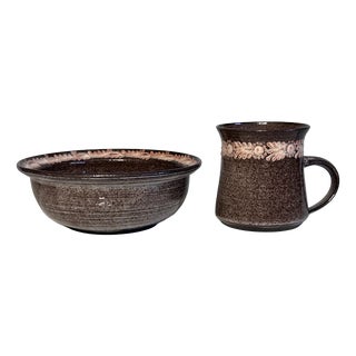 Studio Ceramic Art Cup and Bowl with Floral Decor by Elli & Walter Serocka, Germany, 1970s, Set of 2 For Sale