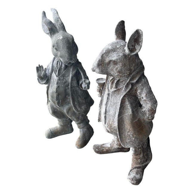 A Pair of Vintage Cast Iron Anthropomorphic Hare and Mouse Garden Statues For Sale In West Palm - Image 6 of 12