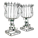 Pair of Antique French Wrought Iron Garden Urn Planters With Grapevine Motif For Sale