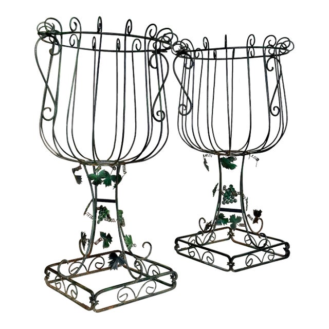 Pair of Antique French Wrought Iron Garden Urn Planters With Grapevine Motif For Sale