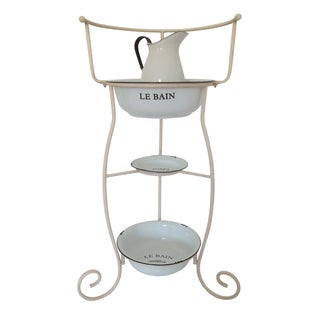 Vintage French Wash Stand & Towel Rack, Enamel Accessories For Sale