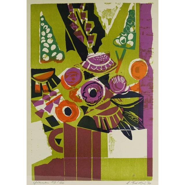 Color woodcut 'Flowers' by the painter and wood engraver Heinz Friedrich (1924-2018), Schwetzingen, Germany. No. 10/60....