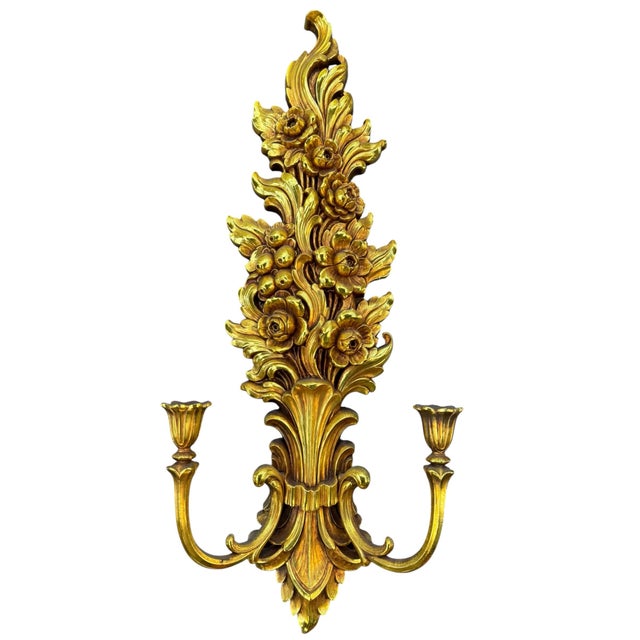 Hollywood Regency Vintage 1972 Syroco #4133 Gold Floral Wall Sconce | Hollywood Regency Candle Holder For Sale - Image 3 of 6