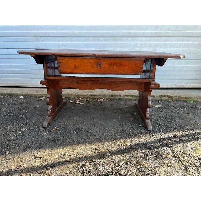 Antique Early Primitive Farm Trestle Library Table Desk., Early 19th Century For Sale - Image 10 of 13