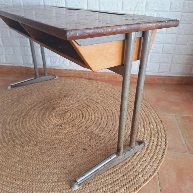 Vintage Two Seats School Desk in Blonde Oak, 1960s For Sale - Image 12 of 18