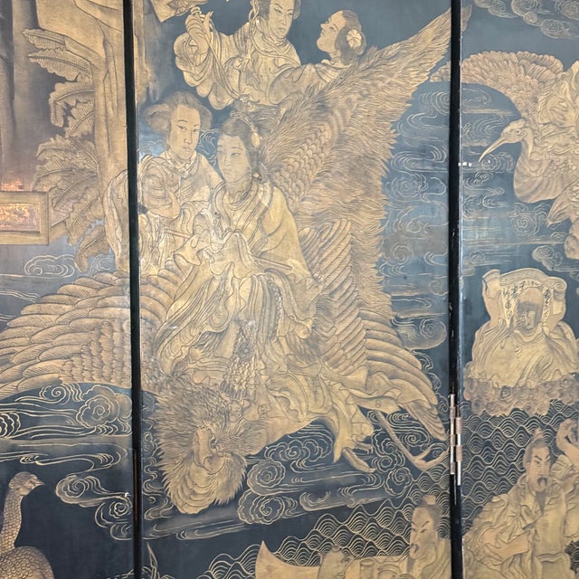 Monumental Antique Chinese Coromandel Style Qing Lacquer Four-Panel Screen For Sale - Image 11 of 11
