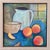 Peaches presents a vibrant still life featuring a white pitcher and a bowl alongside ripe peaches, arranged on a deep blue...