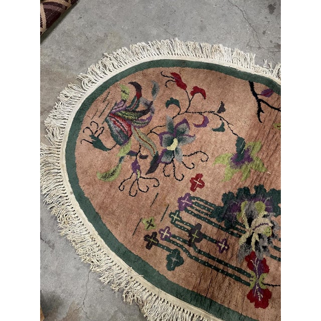 1920s Antique 1920s Chinese Art Deco Oval Rug, Floral, 3'1" X 5'2" (95cm X 158cm) For Sale - Image 5 of 7