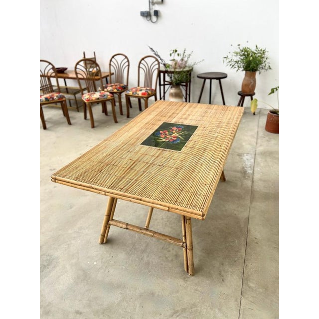 Bamboo and Rattan Dining Table by Audoux Minet, 1950s For Sale - Image 6 of 14