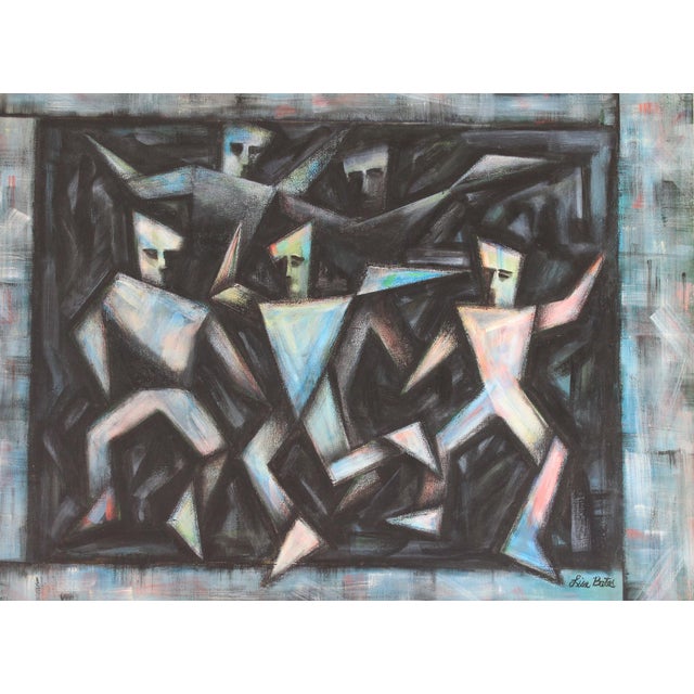 Vintage cubist-influenced painting on canvas by Lisa Bates. Features stylized, angular figures. Signed bottom right by...
