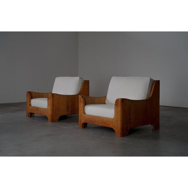 Vintage Belgian Oak Lounge Chairs with Linen Cushions, 1950s, Set of 2 For Sale - Image 3 of 15