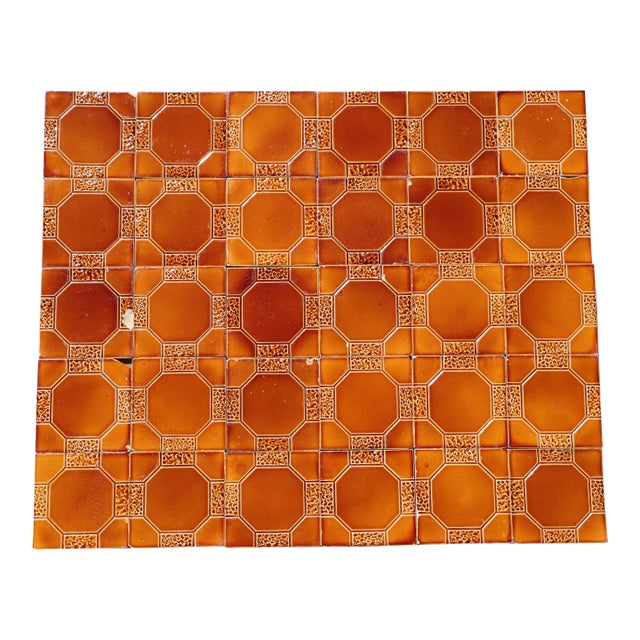 1910s Portuguese Art Deco Glazed Tiles Set of 30 Large Amber Brown Geometric Antique For Sale