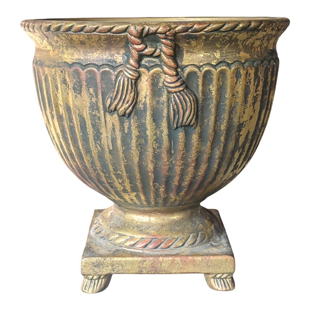 Vintage Hollywood Regency Aged Gold Trompe l'Oeil Rope and Tassel Swag Planter For Sale