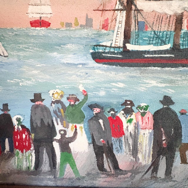 Sky Blue Original Folk Art Harbor Painting by Bk Porter, Signed by Artist 1995 For Sale - Image 8 of 13