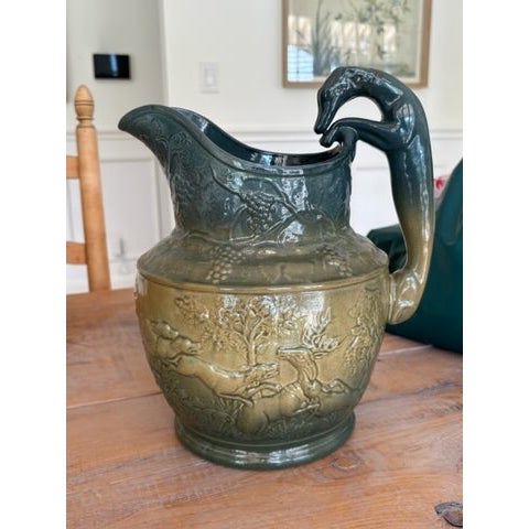 French Antique Majolica Hunt Scene Pitcher For Sale - Image 3 of 4