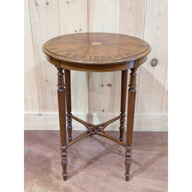 English Vintage English Style Inlaid Mahogany Round Center Table With Radial Veneer For Sale - Image 3 of 8