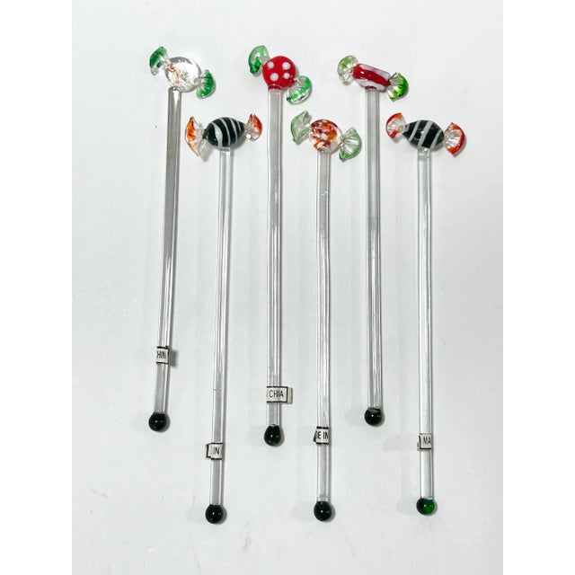 Glass 1980s Murano Style Hand Blown Glass Candy Swizzle Sticks – Set of 6 Cocktail Stirrers For Sale - Image 7 of 9