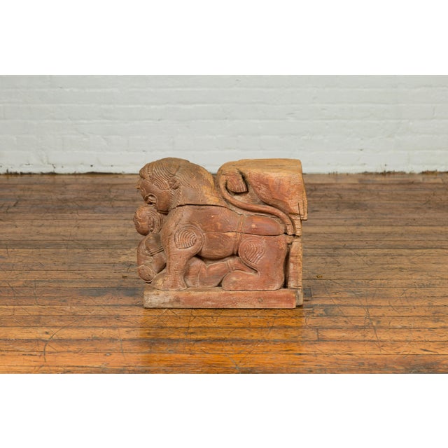 Wood Indian 18th Century Teak Guardian Lion Carving with Traces of Original Paint For Sale - Image 7 of 10