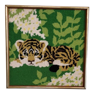 Vintage Tiger Cub Jungle Needlepoint Art Framed For Sale
