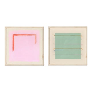 Pair of Sage Green and Bright Magenta Pink Abstract Art Prints | Set of 2, 30 X 30 Prints in Wood Frames For Sale
