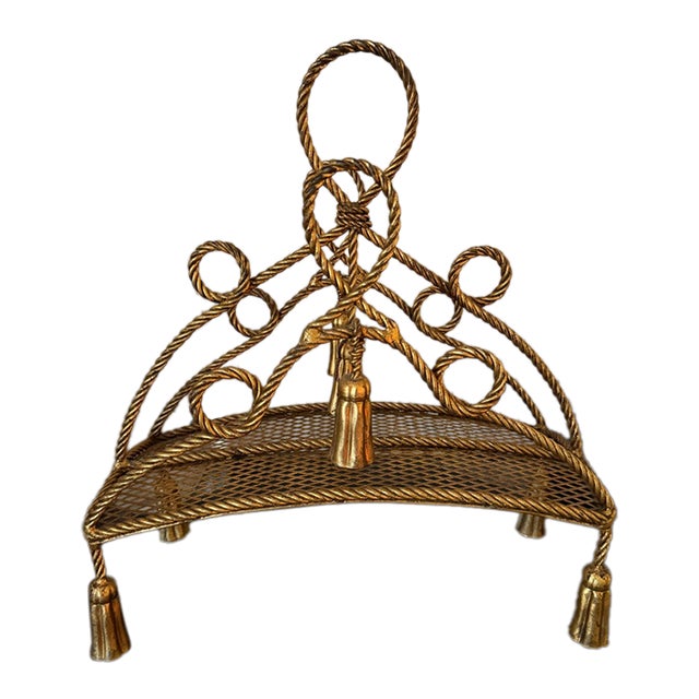 Vintage Italian Hollywood Regency Gilt Metal Rope & Tassel Magazine Rack For Sale
