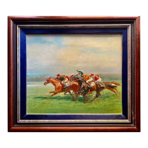 Eugene Pechaubes, Horses Racing, Oil on Canvas, Signed Lower Right