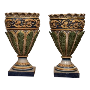 Pair of Italian Glazed Terracotta Urns or Planters