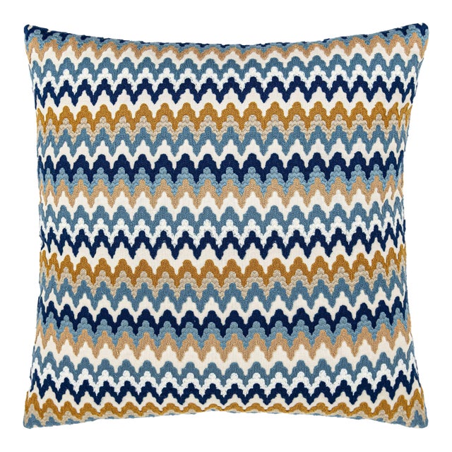Scalamandre 22" x 22" Rainbow Mountain Crewel Pillow in Denim Gold For Sale
