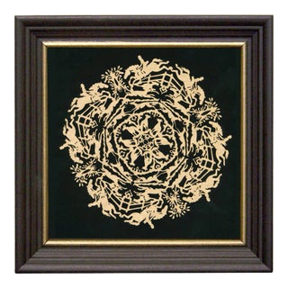 Horse and Hound in the Round Scherenschnitte Paper Cutting in Black Frame With Gold Trim For Sale