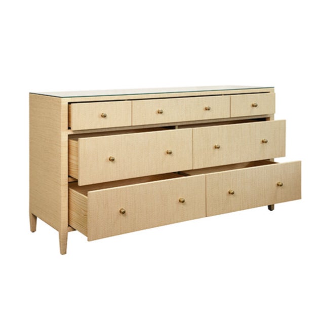 Contemporary Matthew Izzo Home Carnegie Natural Grasscloth Seven Drawer Chest With Brass Knobs For Sale - Image 3 of 7
