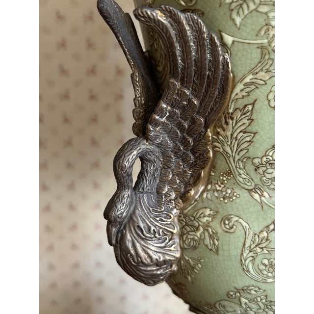 Vintage Hua Rong Tang Zhi Bronze Mounted Sage Green Crackle Porcelain Urn Vase For Sale - Image 9 of 12