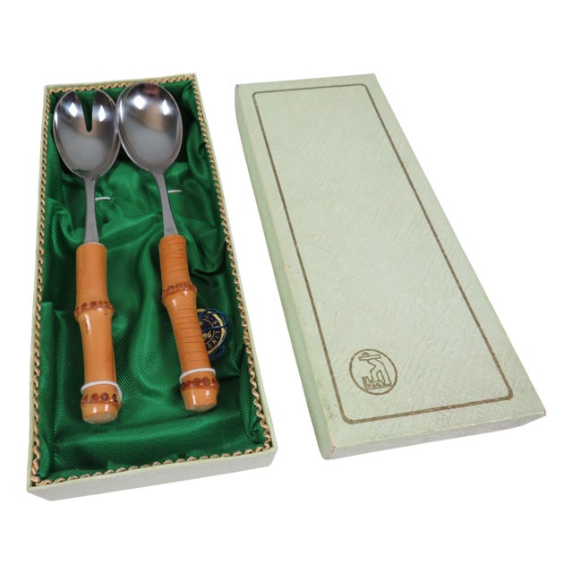 Mid-Century German Bamboo and Stainless Steel Salad Serving Set from Solingen, 1960s For Sale
