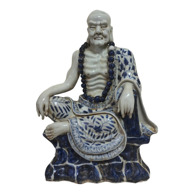 Chinese Vintage Ceramic Buddhist Sculpture,Hand Carved Blue and White Porcelain the Eighteen Arhats Statue For Sale
