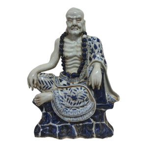 Chinese Vintage Ceramic Buddhist Sculpture,Hand Carved Blue and White Porcelain the Eighteen Arhats Statue