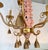 Original retail $1635, stylish Port 68 Pink Ceramic Pagoda Chandelier, gold frame and accents, showroom floor sample