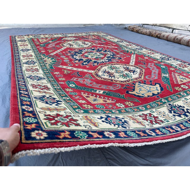 Red Karachov Kazak Hand-Knotted Wool Rug - 9'6" X 10'4" For Sale - Image 4 of 12