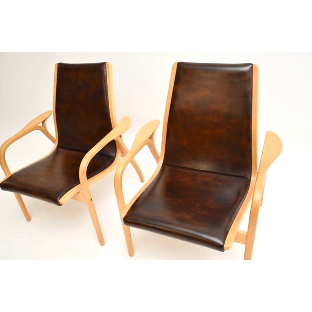 Brown Vintage Swedish Leather Lamino Armchairs attributed to Yngve Ekström for Swedese, 1970s, Set of 2 For Sale - Image 8 of 11