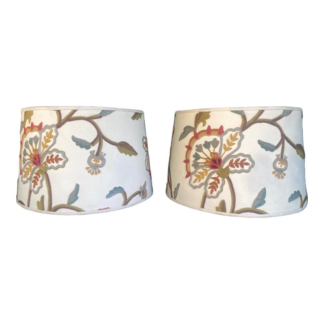 Pair of Crewel Embroidered Pottery Barn Lamp Shades For Sale