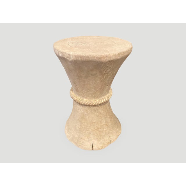 Andrianna Shamaris Hourglass White Washed Teak Wood Side Table or Stool For Sale - Image 4 of 5