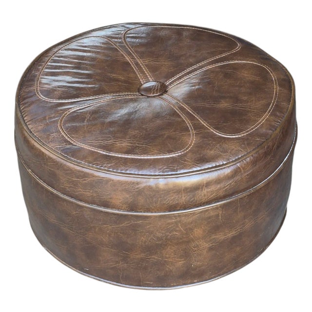 1960s Retro Mid-Century Modern Brown Leatherette Daisy Top Ottoman Foot Stool on Wheels For Sale