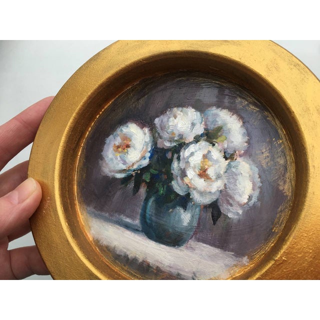 Wood Framed Original Floral White Peonies Painting Round Wall Decor by Valeriya Serova For Sale - Image 7 of 9