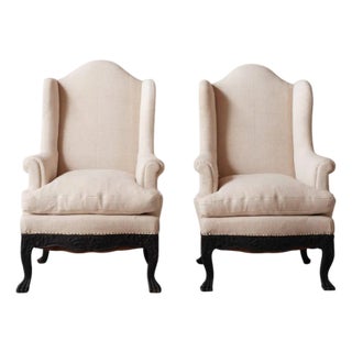19th Century Italian Linen Wingback Chairs Set of 2 For Sale