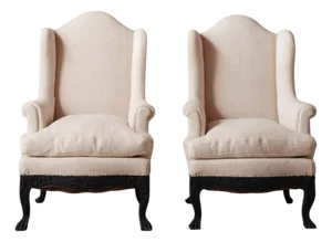 19th Century Italian Linen Wingback Chairs Set of 2