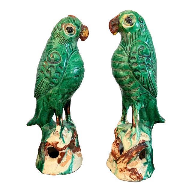 Pair Antique Chinese Green Parrots For Sale