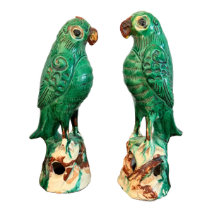Pair Antique Chinese Green Parrots
