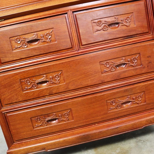 Vintage Asian Desk Teak Hand Carved Drop Front Compartmentalized Style of George Zee For Sale - Image 12 of 13